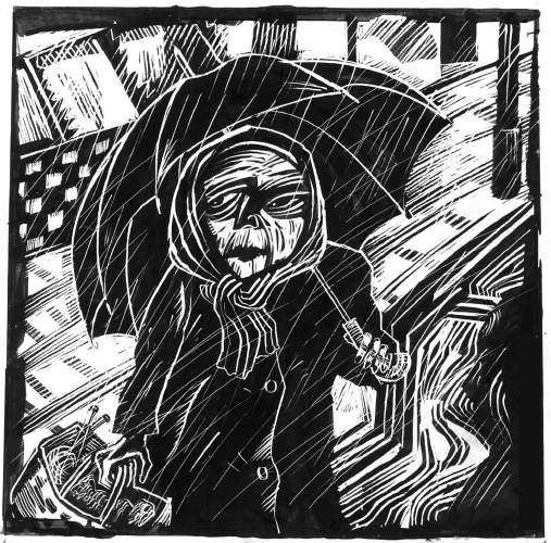 old woman in rain